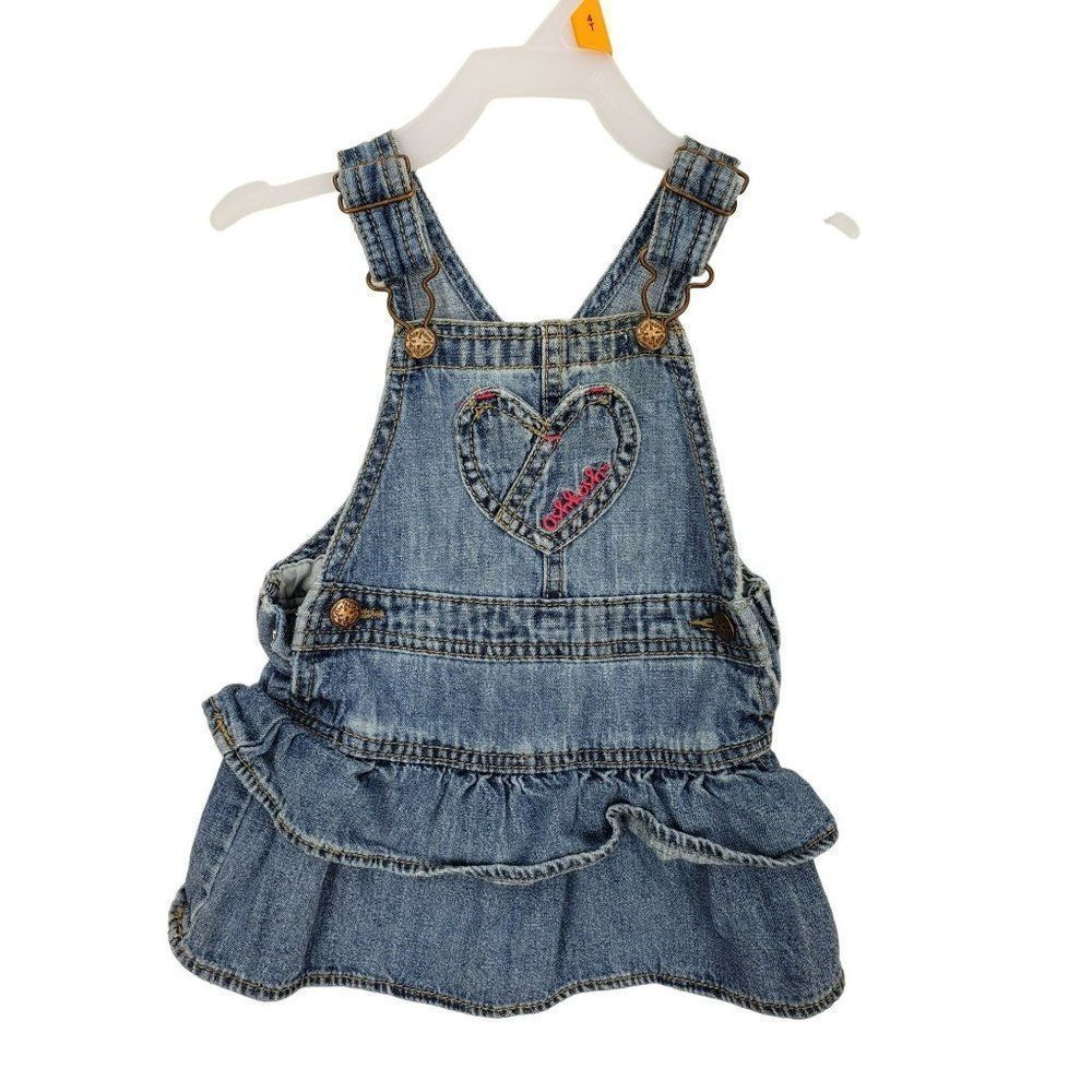 VINTAGE OshKosh Blue Jean Ruffle Heart Overall Dress Size 18 Months